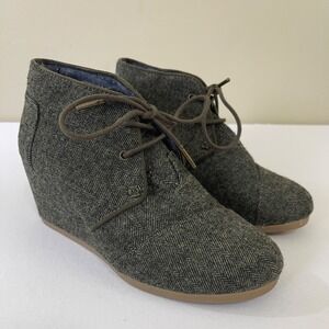 TOMS Desert‎ Wedge Boots Womens 6.5 Brown Herringbone Tweed Lace Up Ankle Bootie